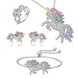 Whaline 4 Pack Unicorn Jewelry Set, Include Rainbow Rhinestone Crystal Necklace, Bracelet, Earring and Ring for Girls Gift Set
