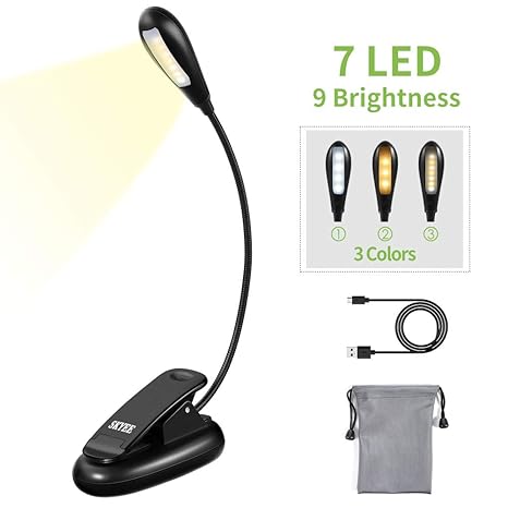 SKYEE Leselampe Buch Klemme, Buchlampe Aufladbar 7 LED Klemmleuchte mit 9 Helligkeitsstufen 3 Lichtfarben (Warmes, Weißes & W