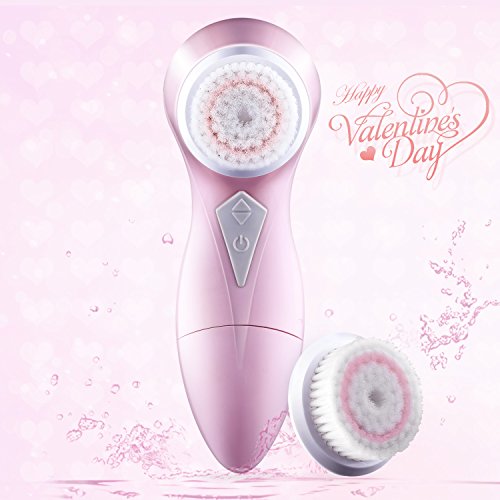 Valentine's Day Gift Electric Facial Brush Ultrasonic Vibration Face Cleansing Brush with 2 Brush Heads 60s Auto-off Makeup Remove Pore Cleanser, Pink. Hepburn.S