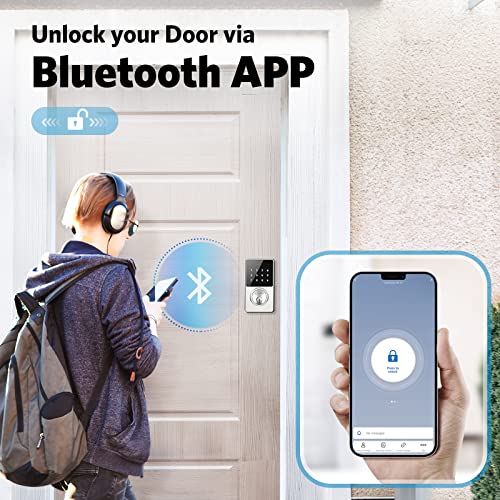 Keyless Entry Door Lock, Bluetooth Smart Lock with Touchscreen Keypads, App Control, Digital Deadbolt lock Easy to Install, 50 User Codes, Security Waterproof Locks for Front Door, Home Use, Apartment