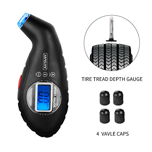 SAFELIFE Digital Tire Pressure Gauge 100 PSI 4 Settings, Color Coded Depth Gauge and 4 Valve Caps for bike, cars SUV and motorcycle - Thumbnail 6