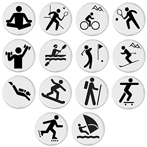 Set 14 Black & White Sports Symbols 3" Sew On Patches Fitness Biking Golf Skiing