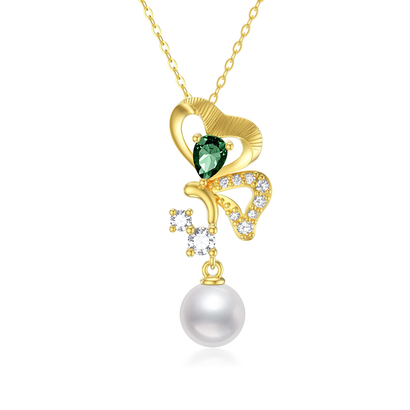 SISGEM 9 ct Gold Pearl Necklace, Solid Yellow Gold Emerald Butterfly Pendant Necklace with 9mm Pearl, for Women Girls Ladies Mum Sisters, 16"+1"+1"