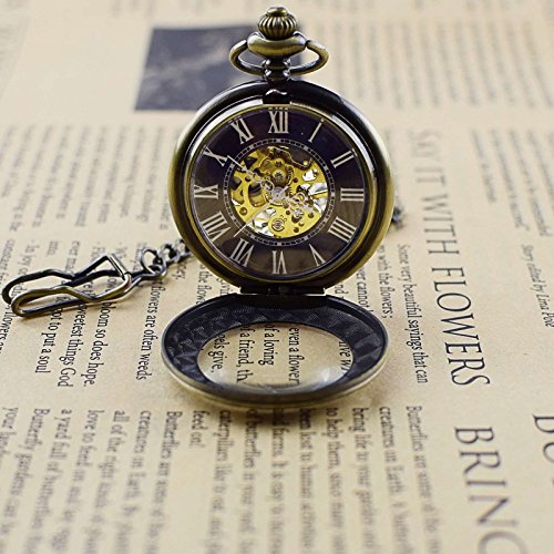 Zeiger New Mens Classic Mechanical Steampunk Pocket Watch, Stainless Steel Copper Case Skeleton Roman Design, Pocket Watch with Chain (Bronze)