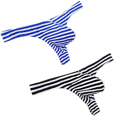 JIMUKEE Mens Sexy Striped Bulge Pouch Thong Gay Low Rise G String Male T-Back Underwear Pack (Black + Blue, US M/with Tag L)