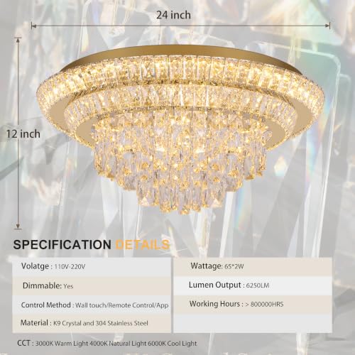 24 inch Crystal Chandeliers With Remote and APP Control, Modern Luxury Flush Mount Gold Ceiling Light, 3CCT Dimmable Brightness Adjustable,SUS 304, For Living/Dining Room Kitchen Bedroom Hallway Foyer