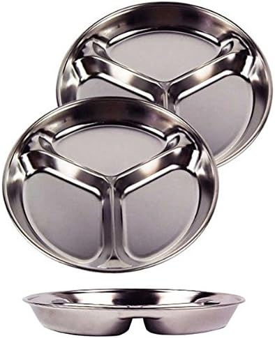 Stainless Steel Divided Tray Divided Dinner Snack Plate Kids Baby Plate Diet Plate Diet Food Control Tray Set (3section round 3pack)