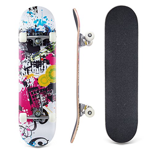 Karriw Skateboard 31 Inch Complete Standard Skateboard 8 Layer Maple Skateboard Deck with Sports Outdoors Durable Skate Board for Kids Beginners (City F)