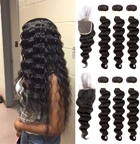 Loose Deep Wave with Closure Brazilian Hair Bundles with Closure Human Virgin Hair with Lace Closure with Baby Hair Soft and Bouncy Closure and Bundles 18 20 22+18 Inch Free Part