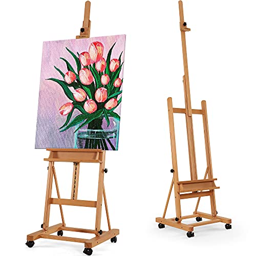 VISWIN Extended Large H-Frame Easel for Painting, Adjustable Beech Wood Artist Easel Stand with 4 Wheels & Storage Tray, Foldable Art Easel Floor for Adults, Hold Canvas up to 93