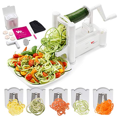 WonderVeg Strongest and Heaviest 5-Blade Vegetable Spiralizer, Best Zoodle Maker, Fruit Slicer & Zucchini Spaghetti Maker, Perfect Veggie Spiralizer for Keto Carb/Paleo/Gluten, Free Tools+Recipe Book