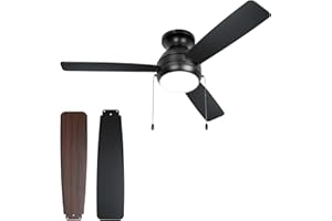 hykolity 44 inch Flush Mount Ceiling Fan with LED Lights(3000K/4000K/6000K) Pull Chain, Noiseless Reversible Motor, Low Profile Ceiling Fan, 3 Speed, ETL Listed, Black