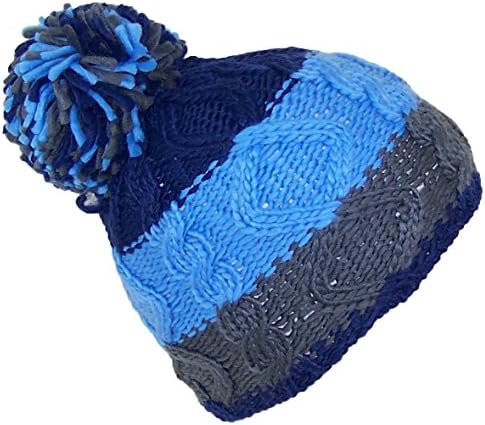 GMI Womens Striped Cable Knit Winter Beanie W/Large Pom Pom (One Size) - Blue/Navy/Gray