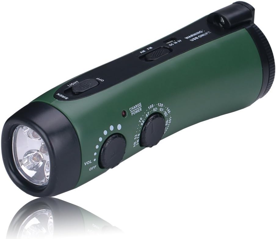 Frostory Emergency Power 5-LED Flashlight Hand Crank Dynamo with AM/FM Siren Radio Cellphone Charger for Survival Camping Hiking 300FS (Green)