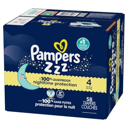 PAMPERS ZZZ OVERNIGHT DIAPERS, SIZE 4 (22-37 LBS), 58 COUNT, NIGHTTIME PROTECTION DISPOSABLE BABY DIAPER, NIGHT TIME LEAK AND SKIN PROTECTION