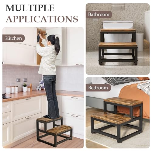 Wooden 2 Step Stool, Stool with Non-Slip Feet, Home Stair, 38 x 35 x 38 cm