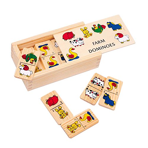 small foot Domino „Farm“ aus Holz, mit Bauernhof-Tiermotiven, in Holzbox mit Schiebedeckel, ab 3 Jahren, 7094