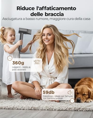 Haokoo Asciugacapelli Ionico Alta Velocità 150.000 RPM - Phon Capelli Professionale Leggero 365g, Asciugatura Rapida con Termo-controllo, 8 Temperature con Diffusore, Casa e Viaggio