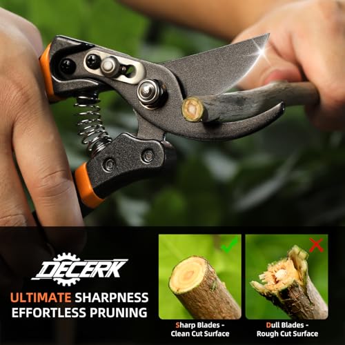 DECERK® 8.5" Professional Pruning Shears - Cuts 4X Easier with Ultra Sharp Japanese Steel Titanium Blade, Arthritis Friendly Garden Secateurs & Plant Clippers, Effortlessly Prunes 3/4" Branches