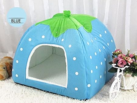 1 PC Foldable Cat Dog Kennel Warm Cushion Strawberry Shape Sponge Pet House Dog Nest (Blue, XLarge 43x43cm)
