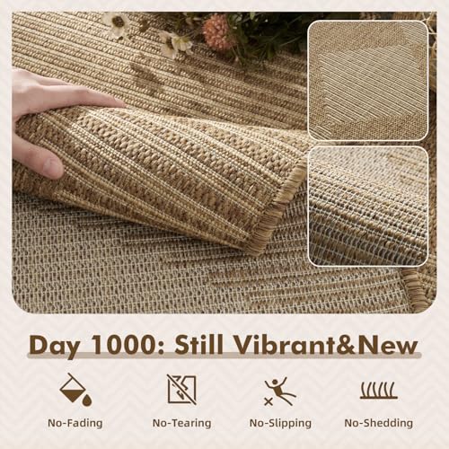 MontVoo-Outdoor Rug Carpet Patio Rug 5x7 ft Polypropylene Indoor Outdoor Rugs for Patio Deck Balcony Porch, Textured Weave, Durable for High Traffic, Fade-Resistant, Boho Geometric Neutral Brown
