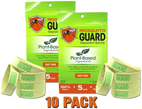 Mosquito Guard Repellent Bands / Bracelets (10 Pack) 100% All Natural, Citronella, Lemongrass Oil, DEET FREE. Bug and Insect Repellent