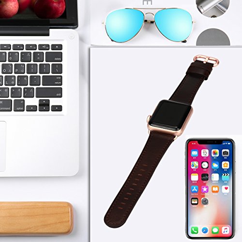 Apple Watch Band 38mm, JFdragon Dark Brown Oil-wax Vintage leather Replacement Iwatch Wrist Strap with Series 3 Metal Clasp for Apple Watch Series 3 Gold Aluminum - Thumbnail 6