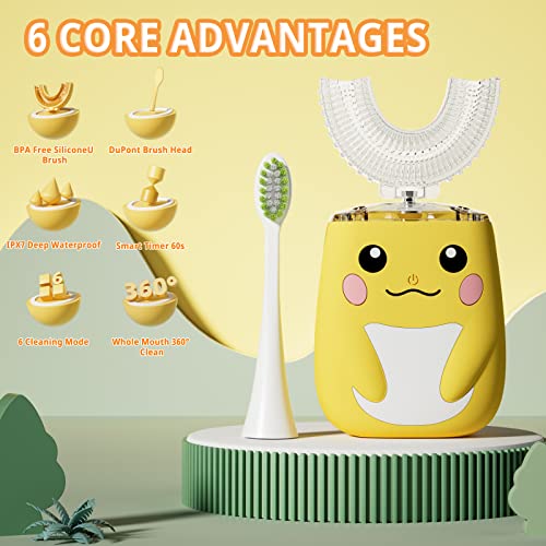 ELOTAME U Shaped Toothbrush Kids with 4 Brush Heads, Cartoon Sonic Automatic Toothbrush with 6 Cleaning Modes, 360-Degree Cleaning, IPX7 Waterproof, 45s Timer (8-15 Age Yellow)