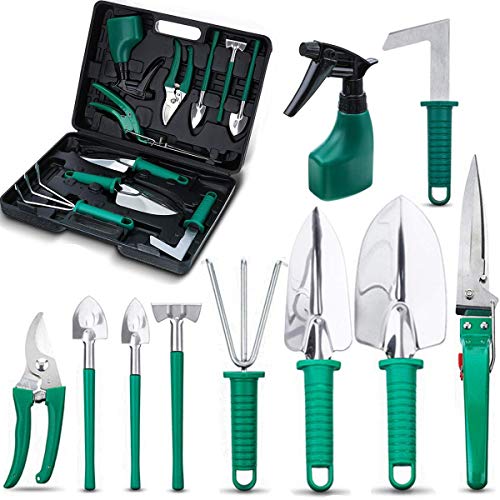 Garden Tools Set-10 Pieces Gardening Tools Set with Carrying Case-Gardening Gifts Tool Set Garden Trowel Shovel Rake Pruner Shears Weeder Sprayer-Vegetable Herb Garden Hand Tools Gifts for Women