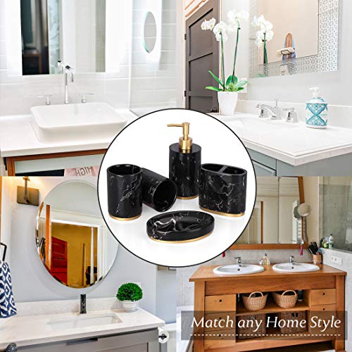 Bathroom Accessories Set, 5 Piece Decorative Marble Collection Bath Accessory Set, Includes Toothbrush Holder, Liquid Soap Dispenser, Soap Dish, 2 Tumblers, Ink Black