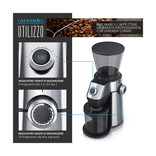 Arendo - Macinacaffè elettrico in acciaio inox contenitore fino a 360 Gr di caffé  macinato - Modello Copan da 150 Watt… - Mercato del Caffè