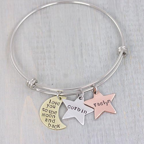 I Love You To The Moon And Back Personalized Hand Stamped Adjustable Bangle Bracelet with Kids Names