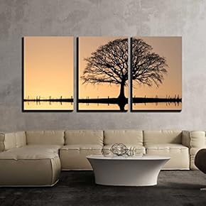 3 Piece Canvas Wall Art - Oak Tree in Winter at Sunset in Silhouette Against a Golden Sky and Full Moon - Modern Home Art Stretched and Framed Ready to Hang - 16"x24"x3 Panels