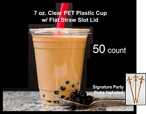 50 count 7 oz. Clear PET Plastic Cup and Flat Straw Slot Lid w/ Signature Party Picks