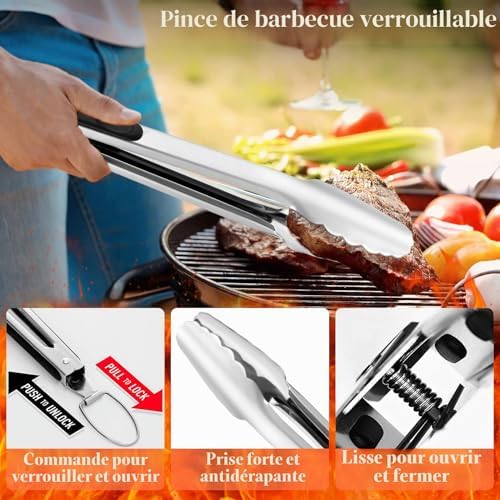 Lot de 30 ustensiles de Barbecue en Acier Inoxydable de qualité supérieure - Pince à Barbecue - avec Mallette et Tapis de Barbecue pour Homme - Cadeau pour Le Jardin, Le Camping - Marron