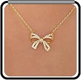 Wlahm Trendy Bow Rhinestone Necklace for Women,Sweet 14k Gold/Silver Plated Butterfly Knot Pendant Necklace,Dainty Birthday Wedding Jewelry Gift