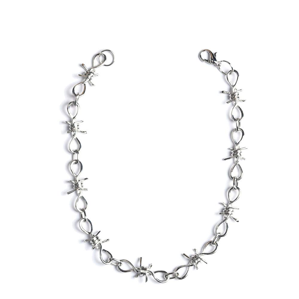 KESOCORAY Punk Gothic Thorns Metal Barbed Wire Chain Necklace Bracelet Silver Jewelry for Men Women, Metal, No Gemstone
