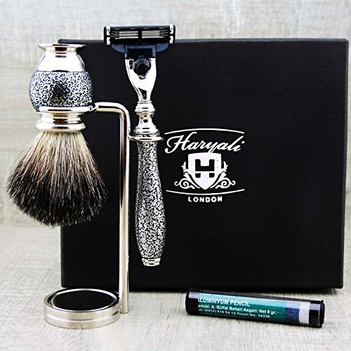 Haryali London 4 Pc Mens Shaving Brush Set, Badger Hair Shaving Brush and 3 Edge Compatible Razor Sets, Shaving Stand and Aftershave Alum Stick Perfect Grooming Kit