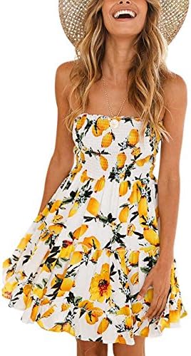 LASOR Women's Strapless Floral Print Ruffle Pleated Flowy Skater Mini Tube Dress