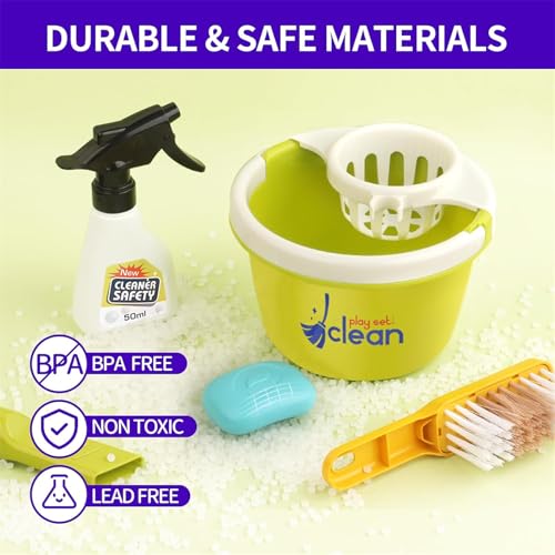 AM ANNA Toddler Toys Cleaning Set, 14Pcs Kids Cleaning Toy Set, Pretend Play Home Playset - Incl.Electric Toy Vacuum, Broom and Dustpan Sets, Mop,Duster and More (Blue)