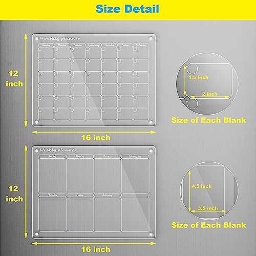 ACRYLIC MAGNETIC CALENDAR 2 PCS, 16″X12″ MONTHLY CALENDAR & WEEKLY CALENDAR WHITEBOARD, DRY ERASE BOARD FOR FRIDGE, REUSABLE PORTABLE PLANNER WITH 8 MARKERS AND 1 ERASER (WHITE)