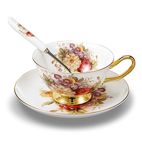 Panbado 3 Piece Bone China Tea Cup Saucer Set with Spoon Porcelain Gold Rimmed Teacup Coffee, Flower, 200ml, 6.8 oz., White/Golden