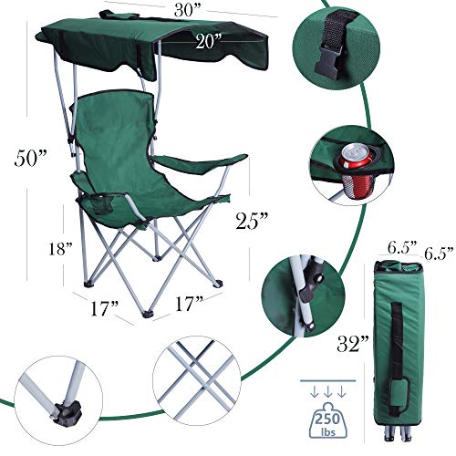 Livebest Portable Camping Chairs with Shade Canopy Original Green-Armrest Cup Holder & Carry Bag Folding Chairs for Outdoor Camping Hiking Beach, Heavy Duty 250lbs,30"Lx17"Wx50"H