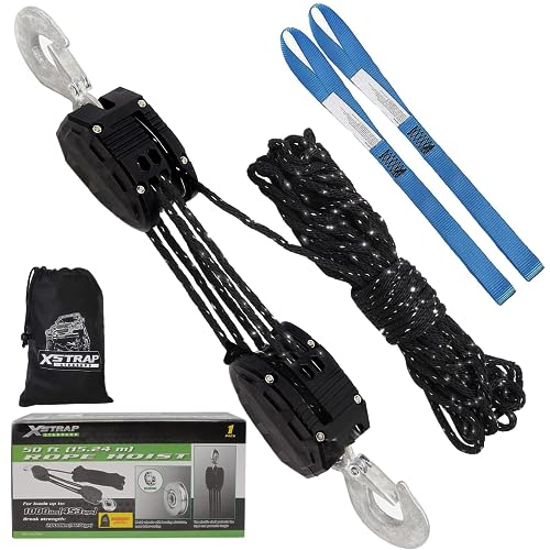 XSTRAP Reflective Rope Hoist 50 Feet Block and Tackle Pulley System for ...