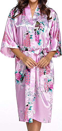Silky Satin Kimono Robe for Women, Peacock Blossom, Long - Baby Pink - Large