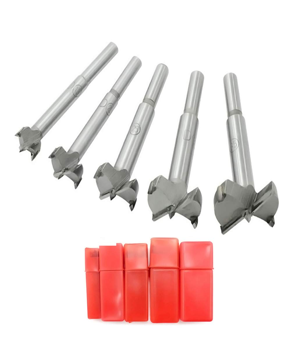Mengshen Forstner Drill Bits 15-35mm 5PCS, HSS Carbon Flat Wing Drilling Hole Hinge Cemented Carbide Drilling Sets with Round Shank