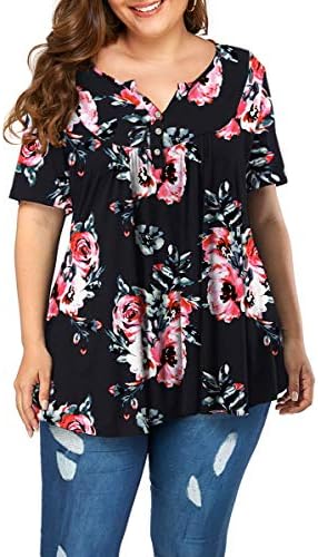 Women's Plus Size Henley V Neck Button up Tunic Tops Casual Short Sleeve Blouse Shirts