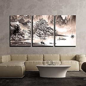 3 Piece Canvas Wall Art - Chinese Landscape Watercolor Painting - Modern Home Art Stretched and Framed Ready to Hang - 16"x24"x3 Panels