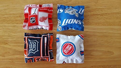 Catnip Ravioli Pillow Toys, Made With Michigan Pro Sports Teams Fabric, Red Wings, Pistons, Tigers, Lions, Cat, Cats, Kittens, Set of 4