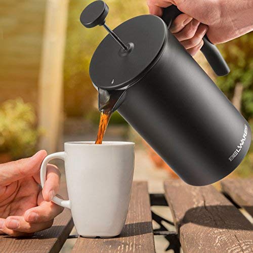 (Renewed) Belwares Large French Press Coffee Maker with Extra Filters for a Richer and Fuller Coffee Flavor, Designed with Double Wall Black Stainless Steel to Preserve Hot Coffee Temperature (50oz)